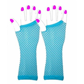 Lizzy Fishnet Gloves Set Rainbow Florescent Stripe | 80s Neon Teen Womens Adult Girl Fancy Dress Accessories Dance ware Hen Party Tutu Accessory | One Size (Light Blue)
