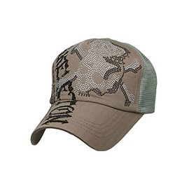 WITHMOONS Meshed Baseball Cap Skull Rhinestones Trucker Hat KR1751 (Grey)