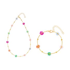 FDEETY 2 Piece Women's Jewellery Set Vintage Colourful Flower Beads Necklace with Girly Flower Bracelet Fresh and Sweet Style, Copper