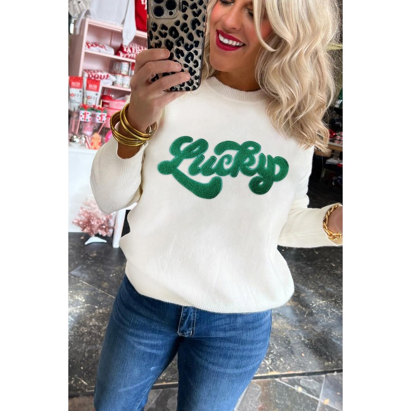 LEMAFER Women's 2024 St. Patrick's Day Sweater Green Sequin Lucky