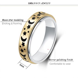 LuckyAmor Anxiety Ring for Women Spinner Rings:Rotating Rings Stainless Steel 6mm Moon Star Anxiety for Men Band Jewelry Gift for Women Size 6 7 8 9 10