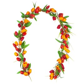 Artificial Tulip Garland，6ft Flowers Garland with Green Leaves Wreath Flower Hanging Vines for Easter Wall Home Wedding Indoor Outdoor Decor