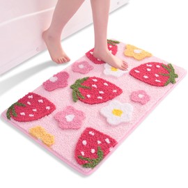 QJHOMO Pink Bath Mat Non Slip Bathroom Mats 45 x 65 cm, Cute Strawberry Bathroom Accessories Flower Floor Mat, Thick Soft Microfiber Bathmat Machine Washable Bath Rug Absorbent Carpet for Bedroom