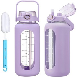 WINSA Water bottle 64oz Glass Water Bottle with Straw and Handle Lid Half Gallon Motivational Glass Bottle with Silicone Sleeve and Time Marker Large Reusable Sports Water Jug for Gym Home Workout:_Purple