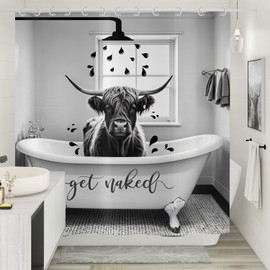 Hnmdmyi Shower Curtain Funny Highland Cow 180 x 200 cm, Get Naked Grey Animal Bull Beef in Bathtub Western Farmhouse Bath Curtain Waterproof Polyester Fabric Washable Bath Curtain with Hooks