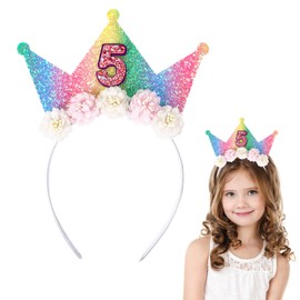 Dmnnlp 5th Birthday Crown Headband for Girls - Glitter Princess Tiara Hair Accessory for Girls' Party Decorations, Flower Crown Gift for 5 Year Old