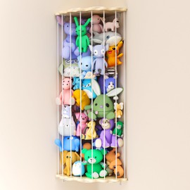 Stuffed Animal Storage, Wall Hanging Stuffed Animal Holder with Moon Star Zoo Pattern, Wood Height Adjustable Plushies Toy Storage, Corner Toy Organizer Shelf for Kids Bedroom Playroom Nursery