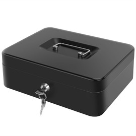 Cash Box with Money Tray - Large Money Box with Lock, Metal Safe Box for Money 9.84" x 7.87" x 3.54" Black