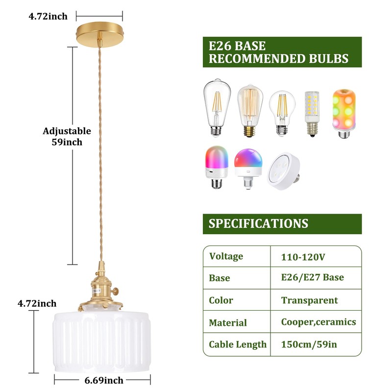 Shenmoyl Pendant Light 2 Pack with White Striped Glass Lmapshade,