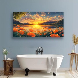 JLXART Large Canvas Wall Art for Living Room Decor Sunset Lake Mountain Landscape with Orange Poppies Modern Nature Home Decor Framed Size 20 x 40 in