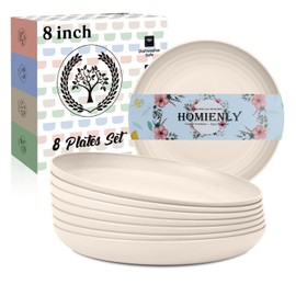 Homienly Dessert Plates - 8 Inch Wheat Straw Plates Set, Dinner Plates Set of 8, Appetizer Plates, Lightweight Unbreakable Plates, Microwave Safe Plates, Deep Plates for Dinner - Beige