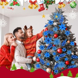 Zeyune 36 Pcs Christmas Poinsettia Artificial Flowers Decorations Glitter Poinsettia with Clips for Christmas Tree Ornaments Xmas Holiday Wedding Garland Party Decor 6 Inch 4 Inch 3 Inch (Royal Blue)