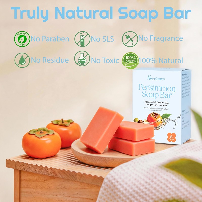 6 PCS Persimmon Soap for Body Odor, Cold-Process Persimmon Soap