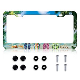 Summer Beach License Plate Frame - Hawaii Beach Flip Flops License Plate Frame Cover Holder Aluminum Metal, Rust-Proof Waterproof Car Decorative Tag Frames for Standard Us 12x6 Inch