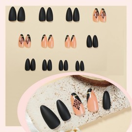 BABALAL New Year Press on Nails Almond Medium Fake Nails Black Gold Glue on Nails Snowflake Design Winter Acrylic Nails 24Pcs Stiletto Manicure False Nails Full Cover Stick on Nails