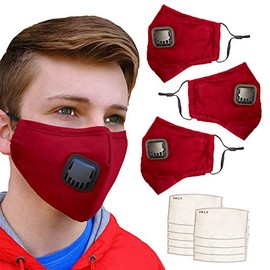 3-Pack Cloth Face Mask with Valve, Adjustable Ear Loops, Comfortable Nose Wire and (9) PM 2.5 Filters (Red)
