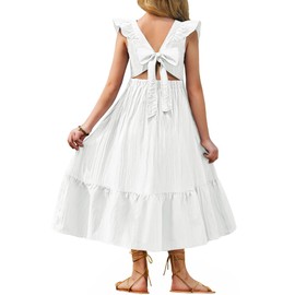 Arshiner Tween Girl White Summer Dresses Wedding Casual Spring Tie Back Tiered Maxi Dress for 9-10 Years
