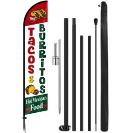 Remagr Tacos Burritos Mexican Restaurant Advertising Flag Pole Kit Include 12 ft Banner Flag and 15 ft Flag Poles Mexican Food Banner Sign for Mexican Restaurant Business Outside