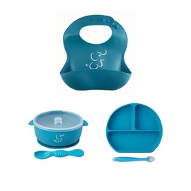 PAPU BABY Set de Alimentacion - 1 Babero, 1 Bowl con Tapa y 1 Plato de Divisiones (Azul Indigo)
