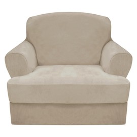 CUCRAF T Cushion Sofa Cover 2 Piece Armchair Slipcovers, Soft Thick Velvet Couch Cover for Living Room, Washable High Stretch Furniture Protector with 1 Cushion Chair Slipcover (Chair, Ivory)