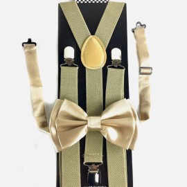 Suspender & Bowtie Beige Suspender and Bow Tie Set Wedding Formal for Adults Men Women (USA)