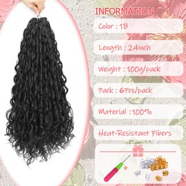 24Inch Deep Wave Twist Curly Crochet Hair Extensions Pack Deep Wavy Air Curl Bulk Hair Synthetic Boho Braids Water Wave Crochet Hair Extension for Women (1B, 24Inch-6Pack)