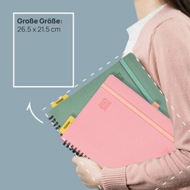 POPRUN Calendar 2025 2026 Horizontal Weekly Planner (Aug.2025-Dec.2026) - Ring Binder with Soft Cover, Approx. A4 (21.8 x 26.4 cm), 17-Month Diary 1 Week 2 Pages, Pale Pink