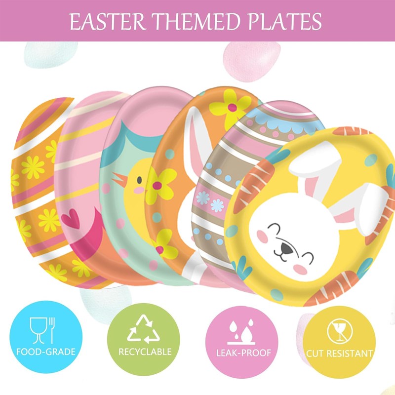 60pcs Easter Party Paper Plates,7inch Egg-Shaped Plates Easter Bunny Kids
