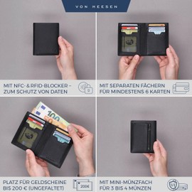 VON HEESEN® Men's Leather Wallet with Coin Compartment and RFID Protection, Genuine Leather Wallet for Men and Women, Wallet, black, With mini coin compartment