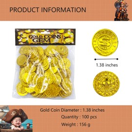 Flyekist Gold Coins Plastic - 100 Count Kids Play Money Pirate Tokens - Fake Gold Coins for St. Patricks Day Party Favors,Pirate Party,Treasure Hunt Game