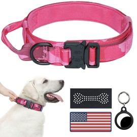Tactical Dog Collar, Adjustable Military Training Nylon Dog Collar with Handle and Heavy Duty Metl Buckle for Medium Large Dogs, with Airtag Holder 2 Patches(Hot Pink Camo,XL)