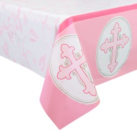 ROYAL BLUEBONNET Pink Baptism Tablecloth -Set of 2- Baptism Party Decorations for Girls, Easter Tablecloth Plastic for 6 or 8 Foot Table, First Communion, Confirmation, Christening Table Cloth