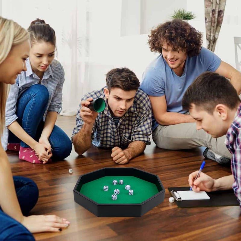 RERIVER Dice Rolling Tray, Green Felt Lined PU Leather Octagon