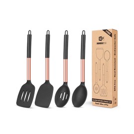 Pack of 4 Silicone Cooking Utensils Set, Non Stick Large Solid Spatulas, Heat Resistant Rose Gold Black Slotted Spoons, Ideal BPA Free Kitchen Turners for Frying, Mixing,Serving,Draining,Turning