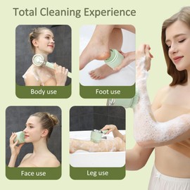 5-in-1 Electric Cleansing Brush, Rechargeable Body Brush with Long Handle, IPX7 Waterproof Back Scrubber with 3 Intensities Adjustable for Cleansing, Exfoliation, Foot Scrubbing and Massage (Green)