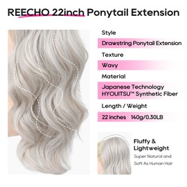 REECHO Ponytail Extension, Drawstring Ponytail Extension Long Wavy Layered Pony Tails Hair Extensions 22inch Natural Clip in Synthetic Hairpiece for Women, Silver Gray