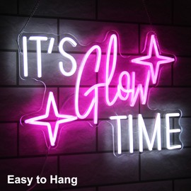 It's Glow Time Neon Sign Party Decorations Pink White Letter Neon Light Star LED Sign for Wall Celebrate Party Neon Signs for Bedroom Thanksgiving Christmas New Year Bar Decor Girl Gifts