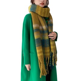 Wander Agio Winter Women Warm Scarf Long Shawl Large Scarves Cold Weather Thicker Blanket Wrap Colour Plaid Stripe Yellow Green 04