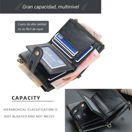 Cartera plegable de piel sintética para hombre, antirrobo, para tarjetas de crédito, monedero corto con cadena de acero, bloqueo RFID, doble cremallera, multiusos para regalo de hombre(Negro)
