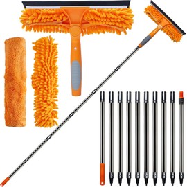 20+ Feet High Reach 2 in 1 Window Washing Squeegee & Duster with 3-12 ft Spliceable Extension Pole // Window Cleaning Kit with 3 Replace Pad for Home Indoor Outdoor Window Washing (Orange)