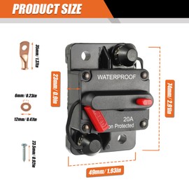JAMHER 20A Manual Reset Circuit Breaker Inline Fuse Holder Switch DC 12V-48V IP67 Waterproof for Marine/RV/Solar/Trolling Motor with Wire Lugs Copper Washer Screws