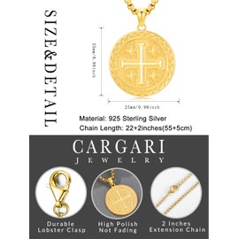 Cargari Jerusalem Cross Necklace for Men 925 Sterling Silver Jerusalem Cross Pendant Christians Jewelry Gifts for Men Women(Gold)