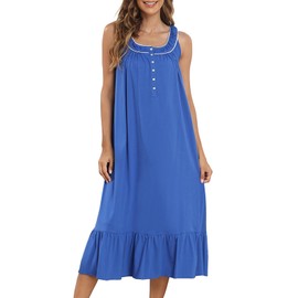 QRRLUEN - Camisón sin mangas para mujer, camisón largo de algodón, para dormir, camisón de dormir, 100% algodón, Azul Real, L
