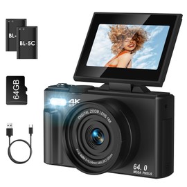 Digital Camera, LAMA 4K 64MP Auto Focus Vlogging Camera with 64G SD Card, Compact Camera with 3.0 Inch 180° Folding Screen, 18X Digital Zoom Camera for Children, Teenagers, Beginners, Adults, Black