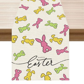 BOTB LIHM Happy Easter Colorful Bunny Cloth Table Runner Burlap Table Decoration for Spring Home Kitchen Dining Dinner Indoor Holiday Farmhouse Decor 13x72 Inch