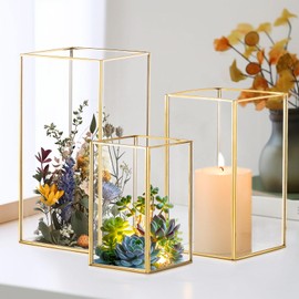 Staymoment Hurricane Candle Holder Set of 3, Large Indoor Lantern Decorative Table Centerpiece with Metal Frame for Farmhouse Home Decor Christmas Wedding, Bulk Candleholders for Pillar Candles, Gold