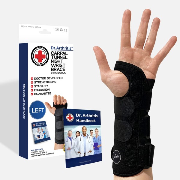 Doctor Developed Carpal Tunnel Wrist Brace Night Support with Splint [Single] Wrist Support, Sleep Brace and Wrist Wrap -Registered Class I Medical Device & Doctor Handbook - Fully Adjustable (Left)