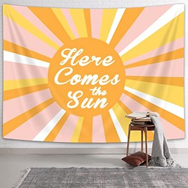 Sun Tapestry, 60s 70s Retro Here Comes The Sun Aesthetic Wall Art Tapestries, Girls Cute Vintage Brown Pink Tapestry Wall Hanging for Bedroom Dorm Living Room Decor(80x60in)