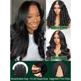 KLAIYI EasiContour V Part Wig Human Hair Body Wave Glueless Upgrade U Part Wig No Leave Out No Gel Clip in Half Wig V Shape Pull and Go Beginner Friendly Ready to Wear Natural Black Color 150% 26Inch
