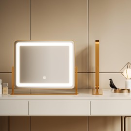 Vanity Mirror with Lights 19.6"x15.7" LED Makeup Mirror, Large Lighted Mirror with 3-Color Dimmable Modes & Touch Control for Desk, Bedroom Tabletop Vanity, Gold
